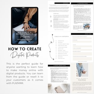 May include: A guide titled "How to Create & Sell Digital Products for Beginners" with a step-by-step guide to creating and selling digital products. The guide includes a table of contents, 25 digital product ideas, and a section on profitable niches. The guide is written by Caroline, who is a digital product creator and teacher.