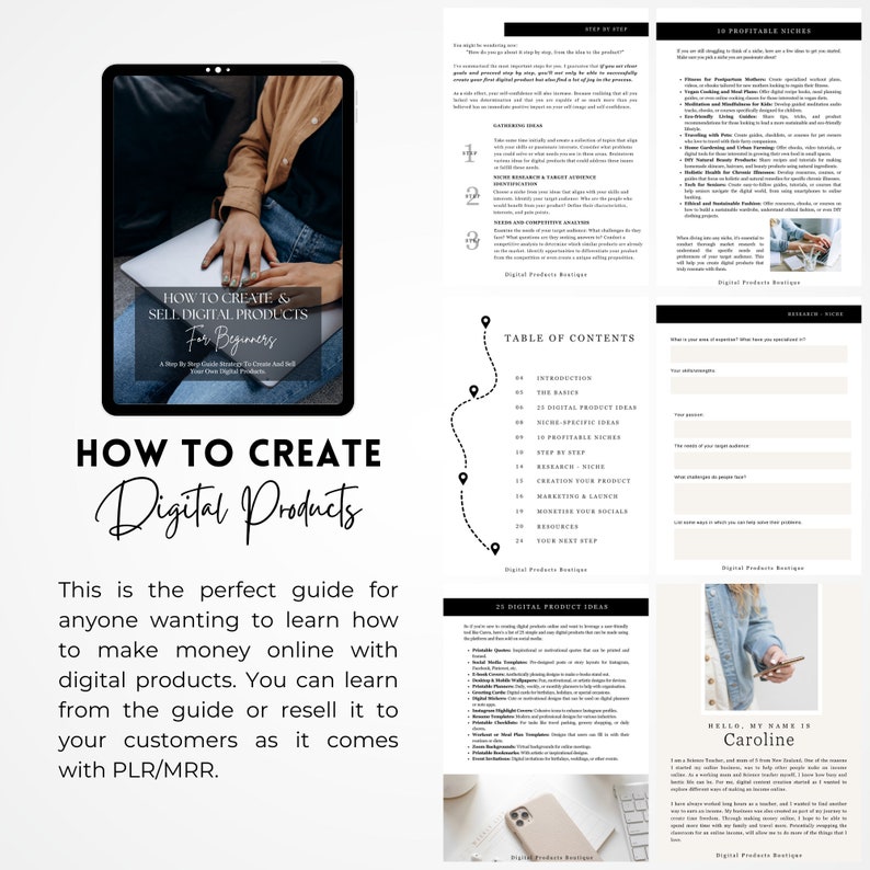 May include: A guide titled "How to Create & Sell Digital Products for Beginners" with a step-by-step guide to creating and selling digital products. The guide includes a table of contents, 25 digital product ideas, and a section on profitable niches. The guide is written by Caroline, who is a digital product creator and teacher.