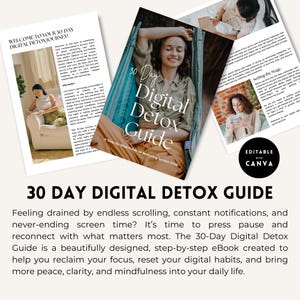 Puede incluir: Una gu&iacute;a de desintoxicaci&oacute;n digital de 30 d&iacute;as con un fondo azul y verde. La gu&iacute;a es una gu&iacute;a paso a paso para reducir el tiempo de pantalla. El texto de la portada dice "30 Day Digital Detox Guide: A Step-by-Step Guide to Reducing Screen Time".