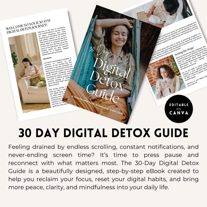 Puede incluir: Una gu&iacute;a de desintoxicaci&oacute;n digital de 30 d&iacute;as con un fondo azul y verde. La gu&iacute;a es una gu&iacute;a paso a paso para reducir el tiempo de pantalla. El texto de la portada dice "30 Day Digital Detox Guide: A Step-by-Step Guide to Reducing Screen Time".