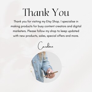 Pu&ograve; includere: Grazie. Grazie per aver visitato il mio negozio Etsy. Mi specializzo nella creazione di prodotti per creatori di contenuti e professionisti del marketing digitale impegnati. Segui il mio negozio per rimanere aggiornato su nuovi prodotti, vendite, offerte speciali e altro ancora. Caroline.