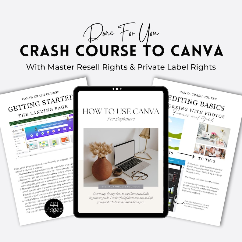 May include: Three digital product covers for a Canva crash course. The first cover is blue and white and says "Getting Started: The Landing Page". The second cover is a tablet screen with a laptop, a vase with dried flowers, and a lamp. The text says "How to Use Canva for Beginners". The third cover is green and white and says "Editing Basics: Working with Photos, Frames and Grids".