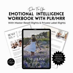 May include: A digital tablet displaying a pink and white ebook cover with the title "Emotional Intelligence" and the text "Ebook & Workbook". The tablet is on a white background with a pink and white floral design. The text "Bonus 40 Page Law of Attraction Planner PLR & MRR" is in a black circle with a white border.