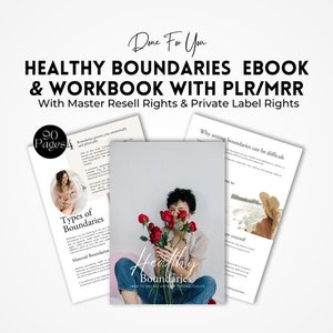 Puede incluir: Una portada de producto digital que muestra a una mujer sosteniendo un ramo de rosas rojas. El texto de la portada dice "Healthy Boundaries: How to Say No Without Feeling Guilty". El producto es un libro electrónico y un cuaderno de trabajo con derechos de reventa maestra y derechos de etiqueta privada.