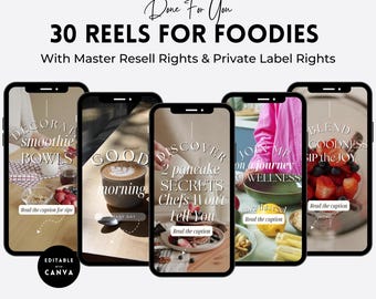 Pode incluir: Imagem de cinco smartphones exibindo conteúdo relacionado a alimentos. O texto diz "30 Reels for Foodies" com texto adicional sobre revenda e direitos de marca própria. Cada tela do telefone apresenta temas alimentares diferentes.