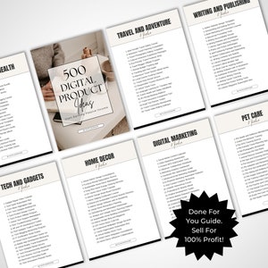 May include: A collage of digital product ideas for starting a passive income stream. The collage features different categories such as travel, writing, home decor, tech, digital marketing, and pet care. Each category has a list of 20 digital product ideas.