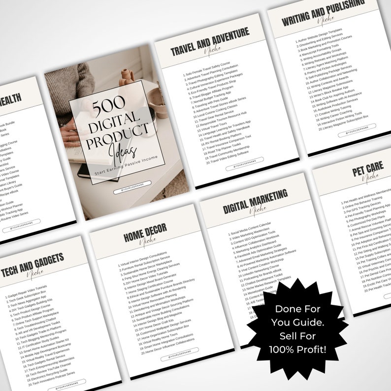 May include: A collage of digital product ideas for starting a passive income stream. The collage features different categories such as travel, writing, home decor, tech, digital marketing, and pet care. Each category has a list of 20 digital product ideas.