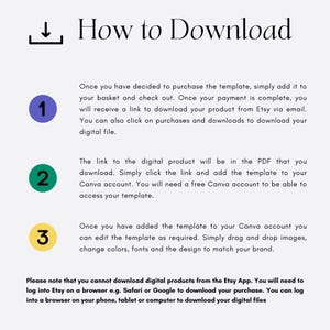 May include: A white graphic with the title "How to Download" and numbered steps. The steps explain how to download a digital product from Etsy, including adding the template to a Canva account.