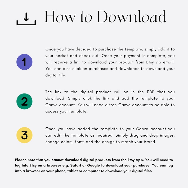 May include: A white graphic with the title "How to Download" and numbered steps. The steps explain how to download a digital product from Etsy, including adding the template to a Canva account.