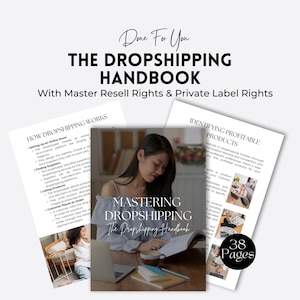 May include: A book cover with the title "Mastering Dropshipping: The Dropshipping Handbook" with a woman sitting at a desk with a laptop and a cup of coffee. The book cover is white with black text and a graphic of a woman working on a laptop. The book cover also includes the text "38 Pages".