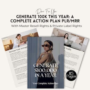 Può includere: Una guida di marketing digitale grigia e bianca con il titolo "Genera 100.000 € all'anno: Il tuo piano d'azione completo". La guida include suggerimenti per aumentare il valore medio degli ordini, sfruttare il potere dell'upselling, offrire promozioni a tempo limitato e utilizzare offerte di soglia.