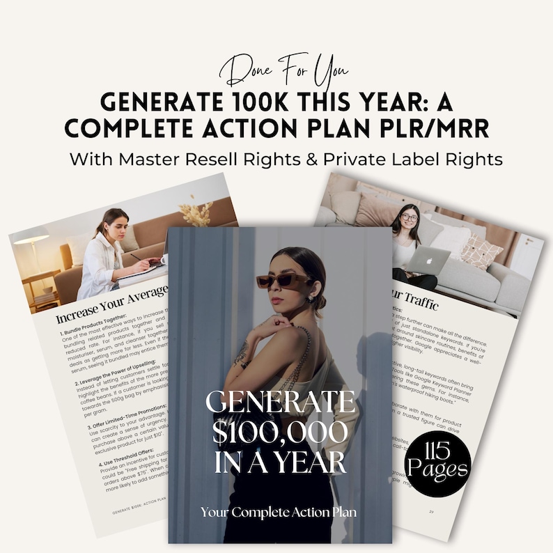 May include: A gray and white digital marketing guide with the title "Generate $100,000 in a Year: Your Complete Action Plan". The guide includes tips on increasing average order value, leveraging the power of upselling, offering limited-time promotions, and using threshold offers.
