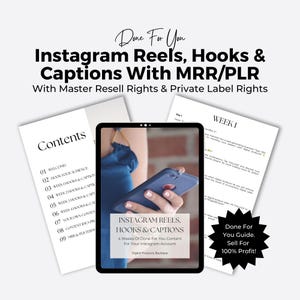 May include: A digital product cover with a woman's hand holding a smartphone. The cover is for a course on Instagram Reels, Hooks & Captions. The text "Done For You Guide. Sell For 100% Profit!" is in a yellow circle on the right side of the image.