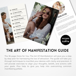 May include: A guide to the art of manifestation with a pink and white cover featuring a woman with sunglasses. The cover text reads "The Art of Manifestation: A Guide to Creating Your Dream Life".