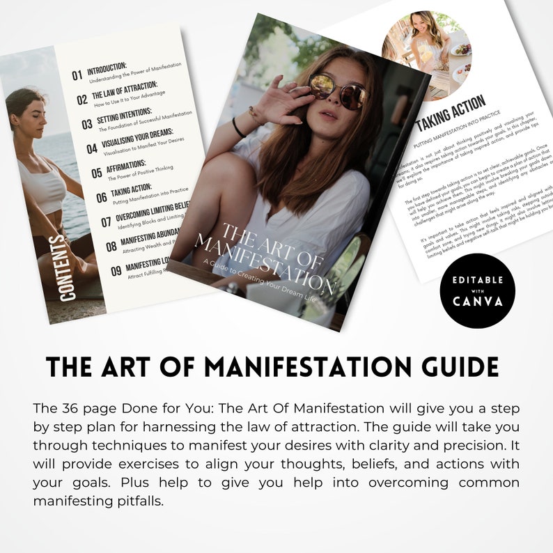 May include: A guide to the art of manifestation with a pink and white cover featuring a woman with sunglasses. The cover text reads "The Art of Manifestation: A Guide to Creating Your Dream Life".