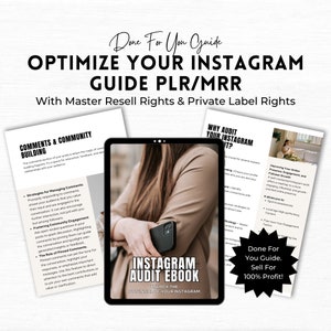 May include: A digital product cover with a woman holding a smartphone. The cover features a black and white image of a smartphone with the text "Instagram Audit Ebook" and "Unlock the Potential of Your Instagram". The cover also includes the text "Done For You Guide. Sell For 100% Profit!" in a black starburst.