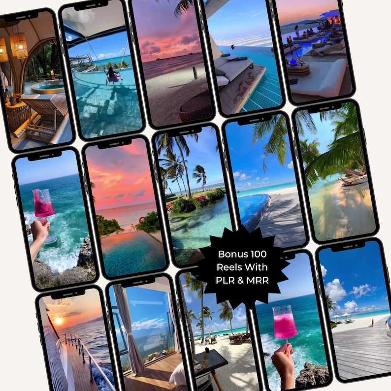 May include: A collage of 12 images showcasing tropical destinations. The images feature beaches, pools, palm trees, and ocean views. The text "Bonus 100 Reels With PLR & MRR" is displayed in a starburst shape.