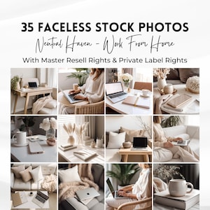 May include: A collection of 35 stock photos featuring a neutral color palette and various work-from-home scenes. The photos include a person working on a laptop in a cozy living room, a desk with a laptop and a cup of coffee, and a laptop on a couch with a throw blanket.
