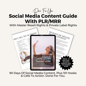 Könnte beinhalten: Ein digitaler Produktführer mit weißem Hintergrund und schwarzem Text. Der Leitfaden trägt den Titel "Social Media Content Guide with Hooks & Call To Actions To Help Your Grow Your Social Media Accounts". Der Leitfaden enthält 90 Tage Social-Media-Inhalte und 101 Handlungsaufforderungen.