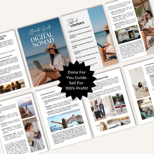 May include: A guide to becoming a digital nomad with a colourful cover featuring a woman working on a laptop on a beach. The guide includes chapters on understanding digital nomadism, leveraging digital products, creating passive income streams, building digital products, marketing and selling digital products, managing finances and taxes, and marketing the digital nomad lifestyle.