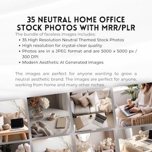 May include: A collection of neutral-toned home office stock photos featuring a laptop, a notebook, a cup of coffee, a plant, and a couch. The photos are perfect for anyone wanting to grow a neutral aesthetic brand.