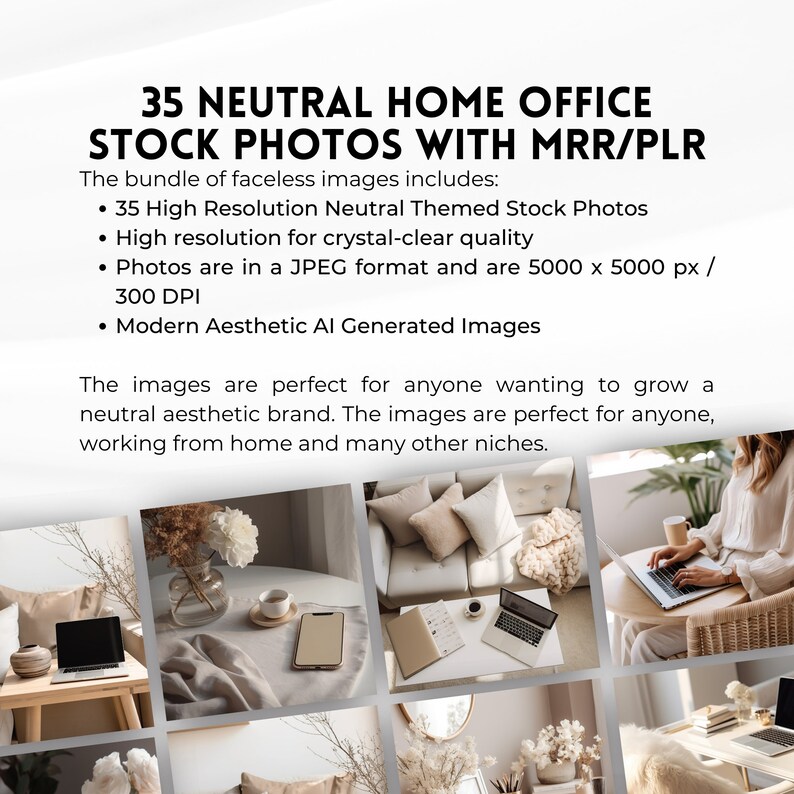 May include: A collection of neutral-toned home office stock photos featuring a laptop, a notebook, a cup of coffee, a plant, and a couch. The photos are perfect for anyone wanting to grow a neutral aesthetic brand.