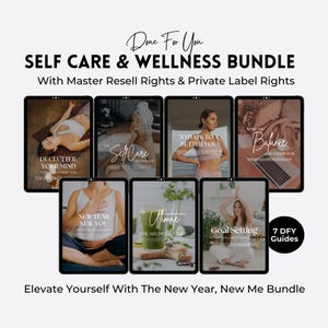 Könnte beinhalten: Ein digitales Produktpaket mit sieben Selbsthilfe- und Wellness-Leitfäden. Die Leitfäden behandeln Themen wie das Entrümpeln des Geistes, Selbstpflege, 30 Tage zu einem besseren Ich, Zielsetzung und ein Januar-Entgiftungsleitfaden. Das Paket beinhaltet Master-Wiederverkaufsrechte und Private-Label-Rechte. Der Text "Done For You" erscheint oben im Bild. Der Text "Self Care & Wellness Bundle" erscheint unter dem Text "Done For You". Der Text "With Master Resell Rights & Private Label Rights" erscheint unter dem Text "Self Care & Wellness Bundle".