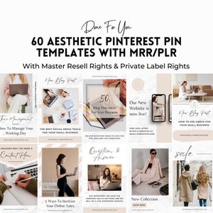 May include: A collage of 10 Pinterest pin templates with a beige and white color scheme. The templates feature images of people using laptops and phones, and text that includes "New Blog Post", "Time Management", "50 Blog Post Ideas", "Our New Website is Now Live", "Question & Answer", "New Collection", "How To Use Canva For Your Small Business", "The Best Social Media Tools", "Reasons Why You Need A Content Plan", and "5 Ways To Increase Your Online Sales".