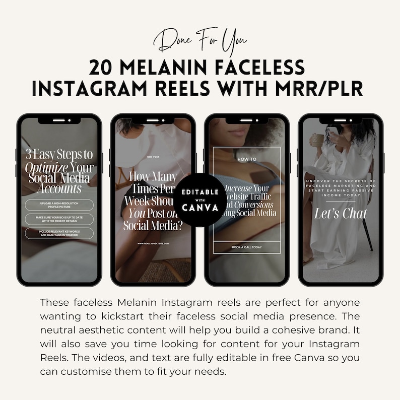 Pu&ograve; includere: Tre modelli di reel di Instagram con uno schema di colori neutro che presenta una donna con la pelle scura. Il testo sui reel recita: "3 semplici passaggi per ottimizzare i tuoi account di social media", "Quante volte a settimana dovresti pubblicare sui social media?" e "Aumenta il traffico del tuo sito web e le conversioni utilizzando i social media".