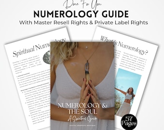 Könnte beinhalten: Ein weiß-rosa digitales Produktcover mit dem Titel "Numerologie & Die Seele: Ein spiritueller Leitfaden" und dem Text "57 Seiten". Das Cover zeigt eine Frau mit ineinander verschränkten Händen im Gebet und eine Frau mit ausgestreckten Armen.