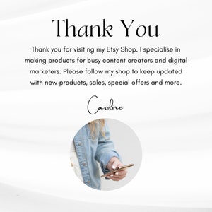 May include: Thank You text with a white background and a white and blue striped pattern. The text is in black. A circle with a woman's hand holding a phone is in the bottom center of the image. The text "Caroline" is in cursive below the Thank You text.