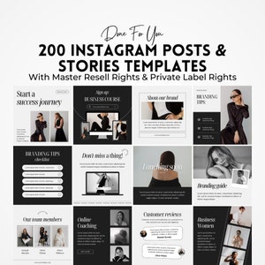 Puede incluir: Un collage de nueve plantillas de publicaciones de Instagram para un negocio. Las plantillas presentan fotos en blanco y negro de mujeres, texto y gráficos. El texto incluye frases como "Comienza un viaje exitoso", "Inscríbete: Curso de negocios", "Acerca de nuestra marca", "Consejos de marca", "No te pierdas nada", "Lanzamiento pronto", "Guía de marca", "Nuestros miembros del equipo", "Entrenamiento en línea", "Comentarios de clientes", y "Mujeres de negocios".