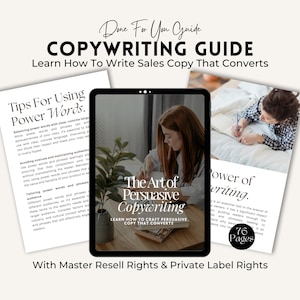 Pode incluir: Um guia de copywriting digital com o título "COPYWRITING GUIDE" e o subtítulo "Learn How To Write Sales Copy That Converts". A imagem apresenta dicas sobre o uso de palavras poderosas e a redação de textos persuasivos. O texto "With Master Resell Rights & Private Label Rights" também é visível.