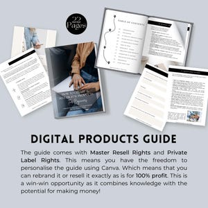 May include: A digital product guide with a table of contents and a cover image showing a person working on a laptop. The guide is titled "How to Create & Sell Digital Products for Beginners". The guide comes with Master Resell Rights and Private Label Rights.