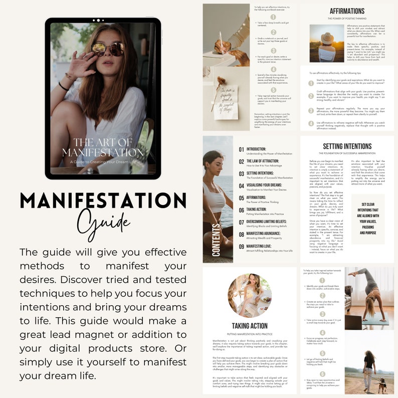May include: A digital guide titled "The Art of Manifestation: A Guide to Creating Your Dream Life" with a woman wearing sunglasses on the cover. The guide includes sections on setting intentions, affirmations, taking action, and more.
