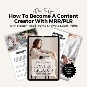 May include: A digital product cover with a woman sitting on a chair. The cover is titled "How To Become a Content Creator" and includes the text "To Build a Brand & Make Passive Income Online".