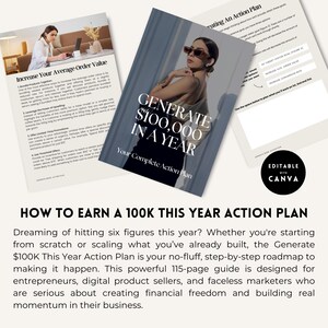 May include: A pink and white digital guide with the text "Generate $100,000 in a Year" and "Your Complete Action Plan" on the cover. The guide is designed to help entrepreneurs, digital product sellers, and faceless marketers create financial freedom and build real momentum in their business.