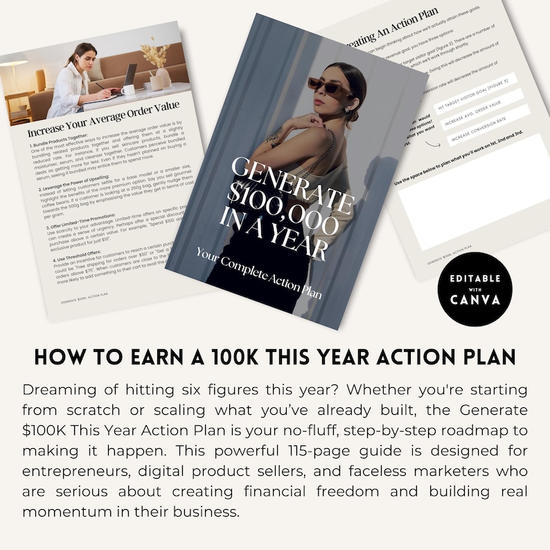 May include: A pink and white digital guide with the text "Generate $100,000 in a Year" and "Your Complete Action Plan" on the cover. The guide is designed to help entrepreneurs, digital product sellers, and faceless marketers create financial freedom and build real momentum in their business.