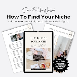 Puede incluir: Una guía de productos digital y un libro de trabajo titulado "Cómo encontrar tu nicho" con un fondo blanco y texto negro. La guía y el libro de trabajo están diseñados para ayudar a las personas a encontrar su nicho y construir un negocio exitoso. La guía y el libro de trabajo están disponibles para su compra con derechos de reventa maestros y derechos de etiqueta privada.