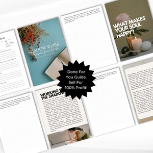 May include: A digital product guide for shadow work journaling. The guide features a blue background with a floral design and the text "Shadow Work Therapeutic Journal Prompts". The guide also includes a starburst with the text "Done For You Guide. Sell For 100% Profit!"