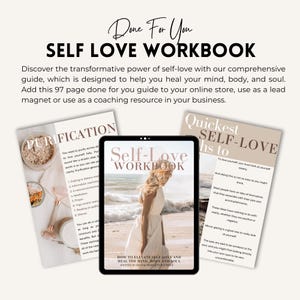 May include: A digital product cover for a self-love workbook. The cover features a woman in a white dress standing on a beach. The title of the workbook is "Self-Love Workbook" and the subtitle is "How to Elevate Self-Love and Heal the Mind, Body and Soul".