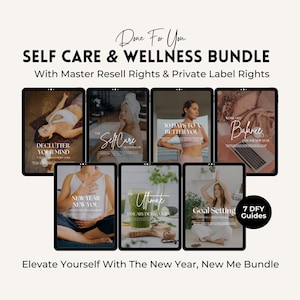 May include: A digital product bundle for self-care and wellness. The bundle includes seven digital guides with titles such as "Declutter Your Mind", "The Self Care Workbook", "30 Days to a Better You", "Work Life Balance", "New Year New You", "The Ultimate January Detox Guide", and "Goal Setting". The bundle is labeled "Done For You" and includes master resell rights and private label rights.