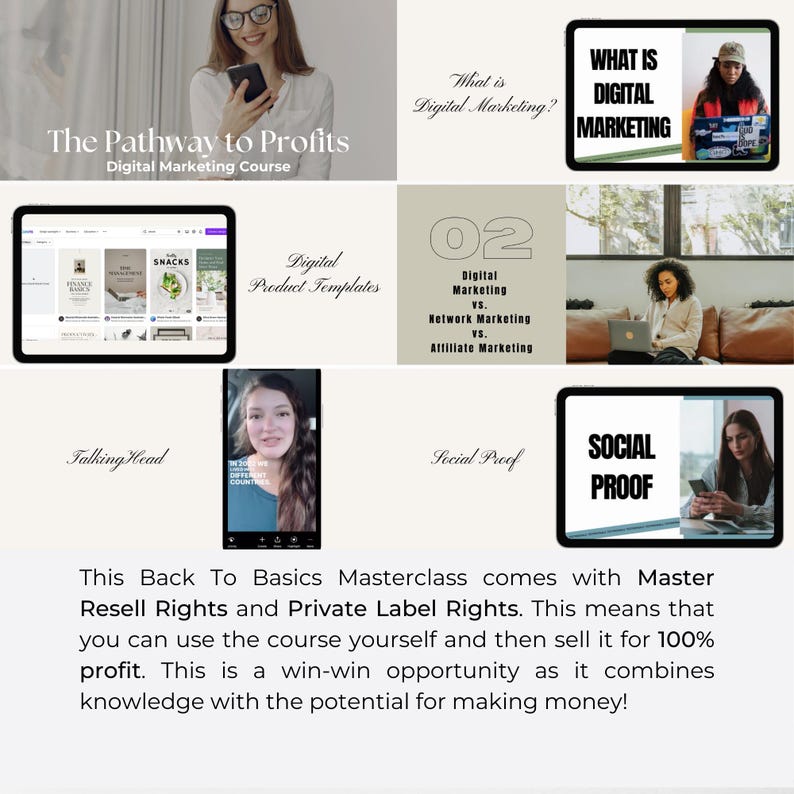 May include: A digital marketing course titled "The Pathway to Profits" with a collage of images showing different aspects of digital marketing, including product templates, social proof, and talking head videos.