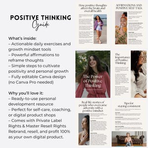 May include: A digital guide titled "POSITIVE THINKING" with the subtitle "Guide." The guide includes sections on exercises, affirmations, and personal growth. Images of women are featured throughout the guide, with text such as "The Power of Positive Thinking."