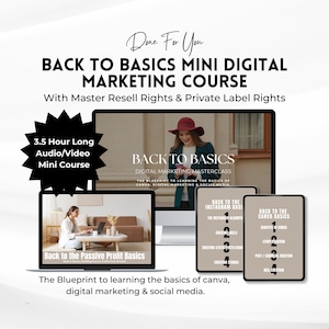 May include: A digital marketing course titled "Back to Basics" with a 3.5 hour long audio/video mini course. The course covers the basics of Canva, digital marketing, and social media. The course includes master resell rights and private label rights.