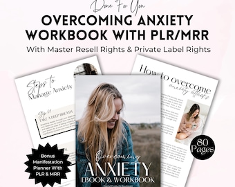 May include: A digital product cover for an ebook and workbook titled "Overcoming Anxiety Ebook & Workbook". The cover features a woman smiling and the text "80 Pages" in the corner.