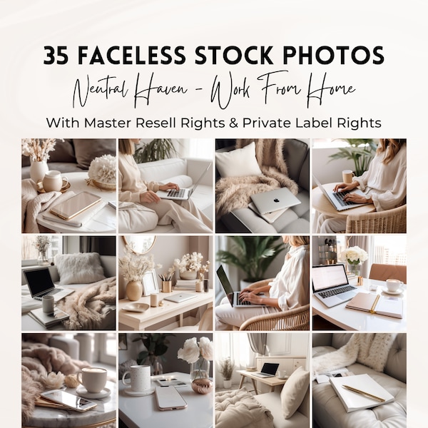 35 Neutral Stock Photos | Master Resell Rights | Work From Home Office | Lifestyle Image Bundle | Aesthetic Photos For Social Media | MRR.