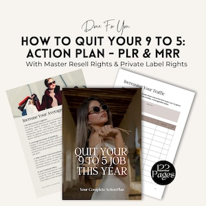 Può includere: Una copertina di prodotto digitale con una donna che indossa occhiali da sole e tiene una borsa della spesa. La copertina presenta il testo "Quit Your 9 to 5 Job This Year" e "Your Complete Action Plan". Il prodotto è una guida di 122 pagine su come lasciare il lavoro e avviare la propria attività.