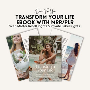 Puede incluir: Una portada de libro electrónico digital con una mujer sentada junto a una piscina y una mujer de pie en una playa. La portada presenta el texto "Transform Your Life" y "Created To Transform Your Life & Become A Better You".