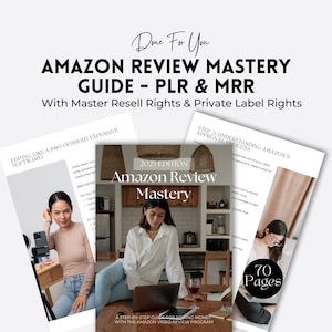 以下が含まれることがあります： 「Amazon Review Mastery Guide - PLR & MRR」というタイトルのガイドの画像で、「2025 Edition」と「70 Pages」というテキストがあります。このガイドには、ラップトップで作業したり、ビデオを編集したりしている人々の画像が添えられています。このガイドは、Amazonビデオレビュープログラムでお金を稼ぐためのものです。